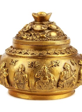 开盖聚宝盆摆件j纯铜五路财神大号工艺品家居客厅装饰品办公室开