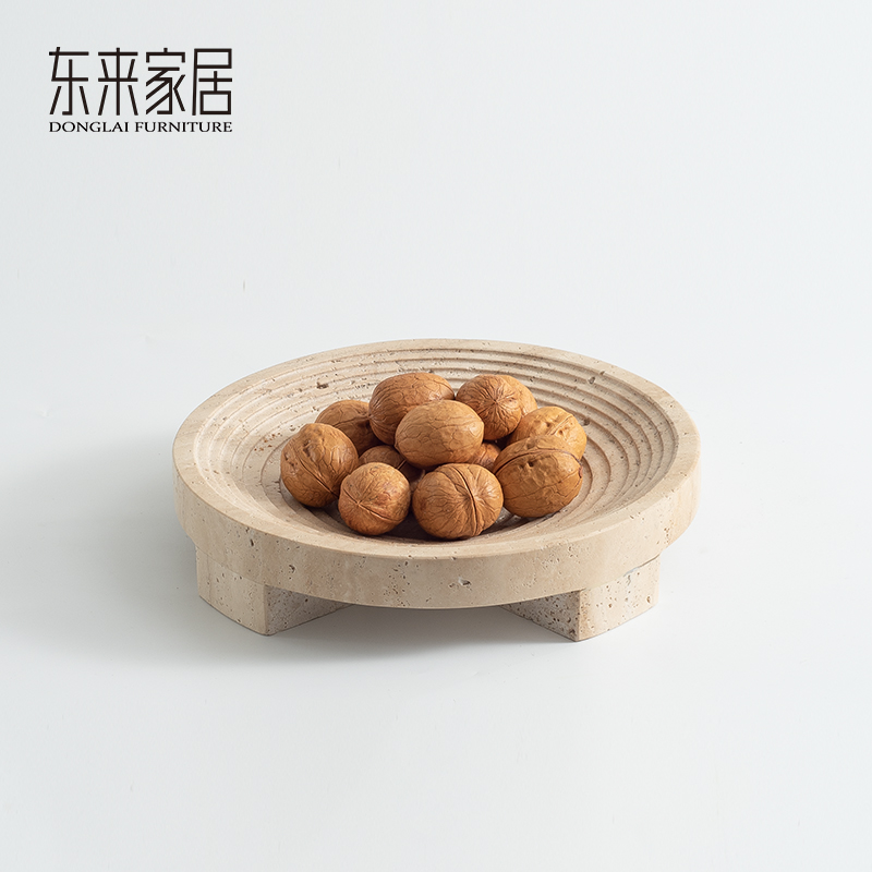 侘寂风黄洞石圆形果盘创意家居大理石收纳L托盘桌面茶几高级感摆