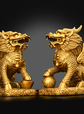 铜麒麟摆件一对纯铜n祥云麒麟公母麒麟客厅门店桌面装饰元宝福麒