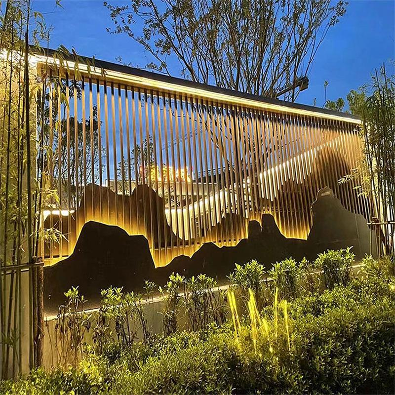 酒店售楼处户外庭院山水造型玄关装饰灯带不锈钢假山屏风背景墙