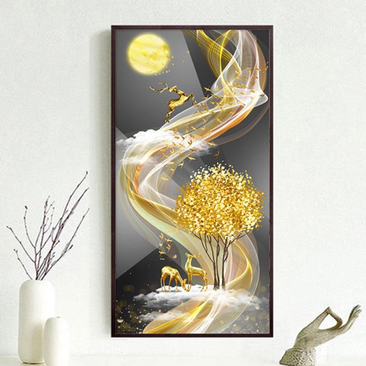 新款5d钻石画满钻客厅入户玄关发财树麋鹿贴钻十字绣钻石绣