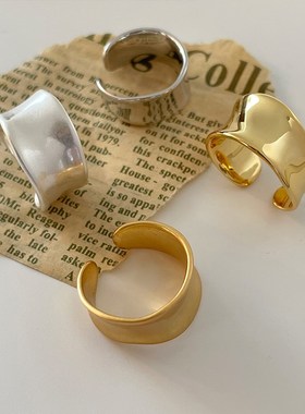 松本惠奈同款c型宽面戒指不规则镀金做J旧哑光亮面开口指环可调节