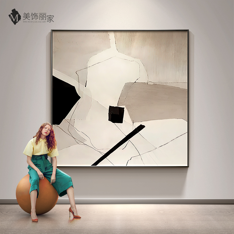 极简黑白a抽象色块北欧餐厅装饰画轻奢创意方形客厅沙发背景墙挂图片