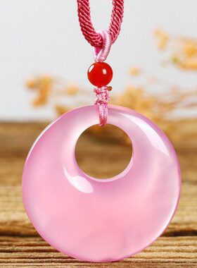 天然玛瑙粉红色平安扣吊坠玉髓挂件玉石石头毛衣链女项链饰品