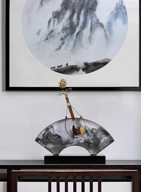 新中式禅意客厅玄关酒柜装饰w品样板房售楼处茶室摆件二胡琵琶扇