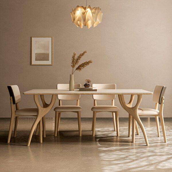 奶油风实木岩板餐桌实木腿原木色北欧现代简约小户型长方形饭桌椅