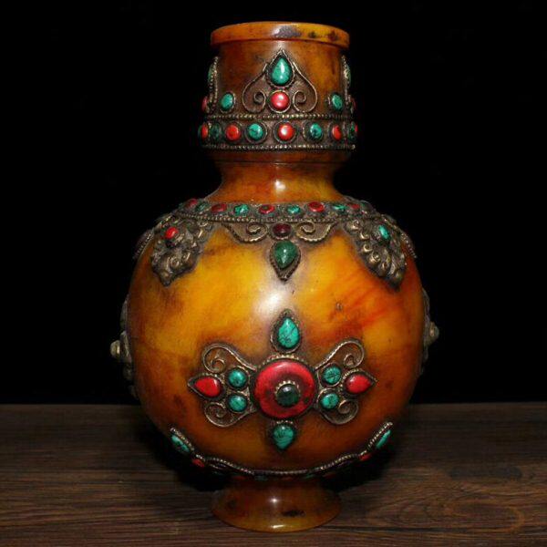 西藏老蜜蜡掐丝镶嵌宝石花瓶摆件家居装饰工艺品收藏摆设插花瓶
