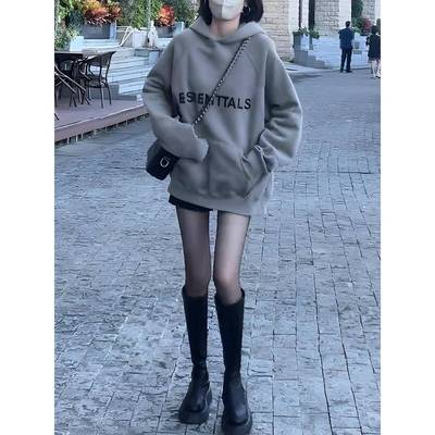 秋冬中长款连帽加绒卫衣女款2025新款爆款春秋款宽松印花长袖上衣