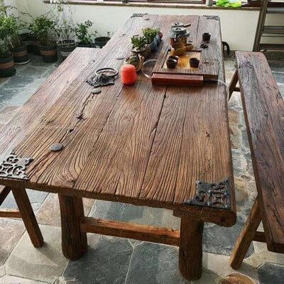 老榆木门板茶桌面吧台桌复古做旧老门板桌子茶台实木风化板旧木板