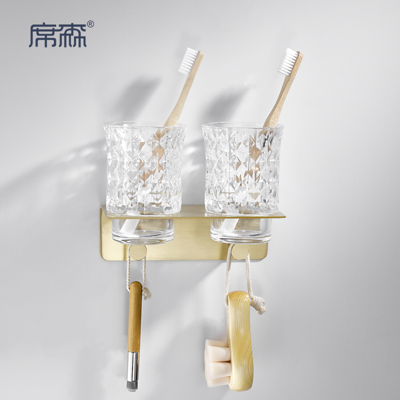 轻奢黄铜壁挂牙刷架全铜漱口杯架卫生间免打孔置物架X双杯架牙具