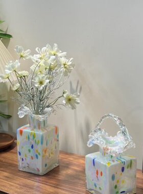 小山园糖果系列 | 白色珠光花篮琉璃花瓶 复古风手工花瓶客厅摆件