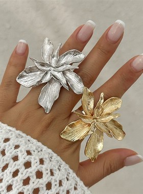 可调节双层d五瓣花戒指女 2025夏季时尚立体夸张个性指环饰品潮人