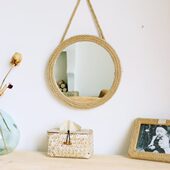 复古麻绳圆镜子文艺北欧民宿卫生间挂墙悬挂式 网红拍照梳妆美容镜