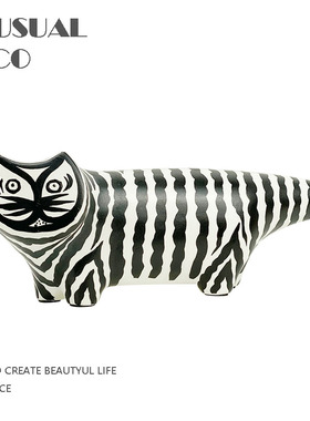 现代简约欧式黑白纹理创意陶瓷猫摆件样板房售T楼处软装饰品摆设