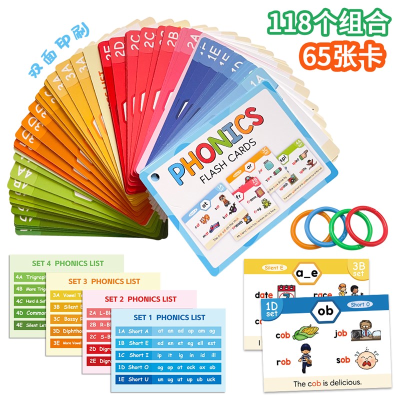 Phonics英文自然拼读单词记忆卡118组词根拼读小学生X学习教具卡