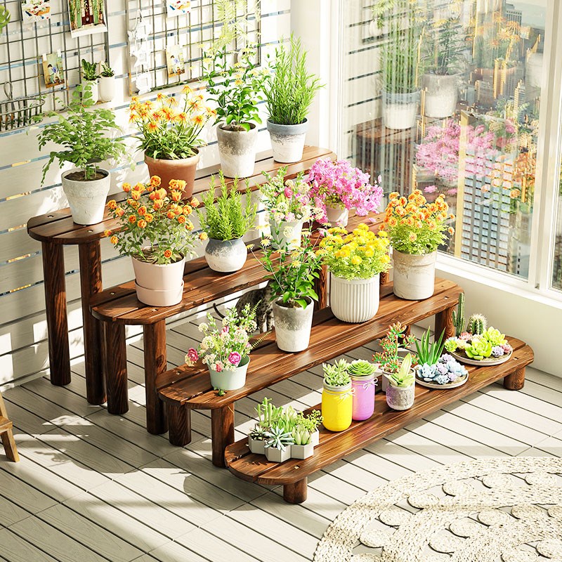 阳台多肉实木长条花架客厅落地z式多层置物架室内木质绿植摆放架