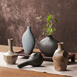 陶瓷陶艺花瓶摆件 花器小新中式 干花粗陶禅意罐迷你插花客厅复古