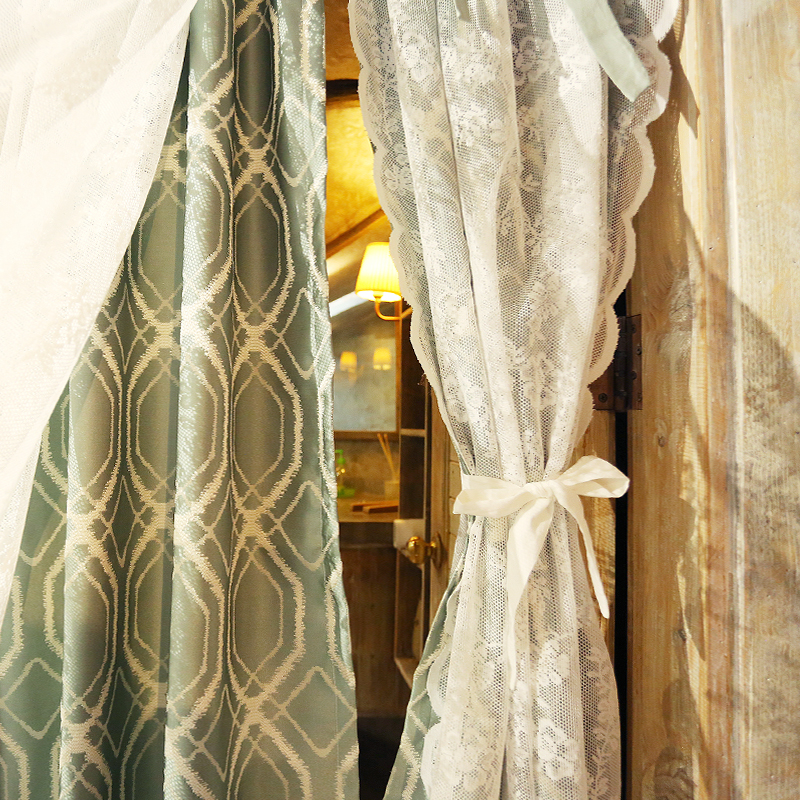 鸢尾乡旅免打孔北欧o蓝色菱形格双层窗帘门帘半帘柜子帘落地窗穿