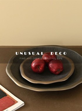 印度新中式铝制手工拉丝纹理圆托盘茶室样板间S收纳装饰果盘摆件