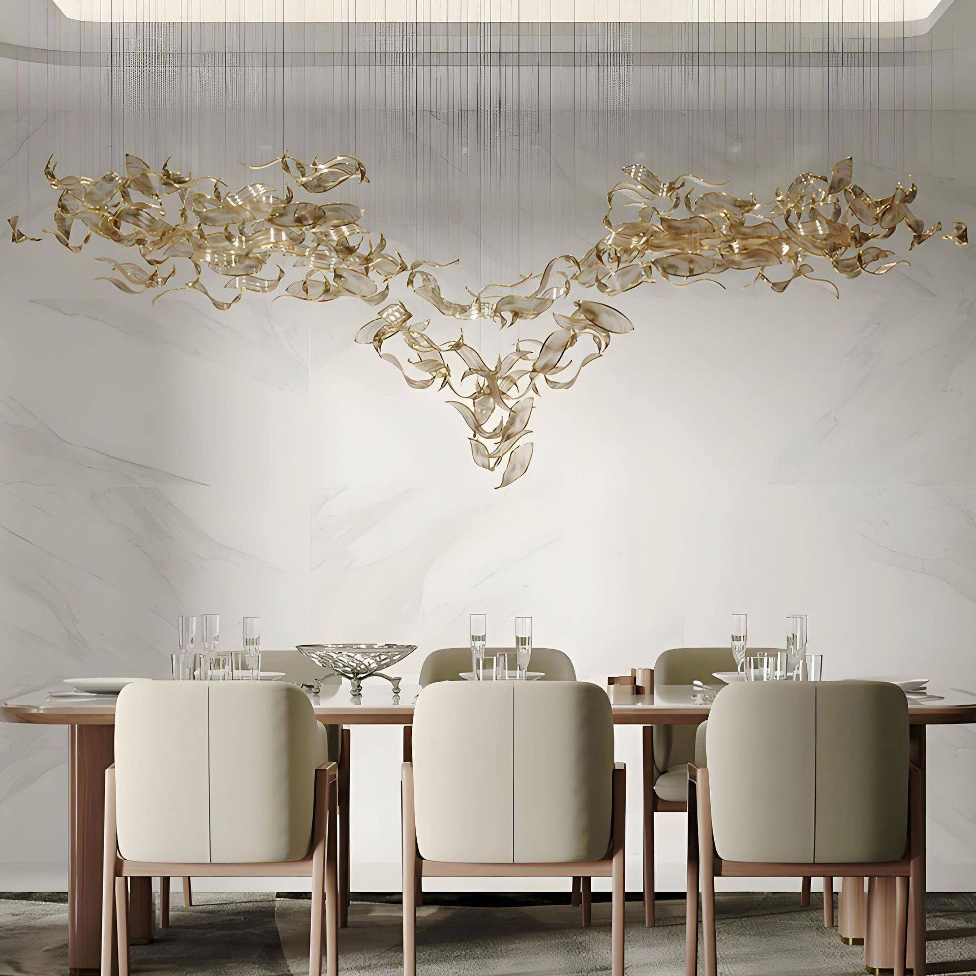 酒店大堂售楼部吊灯挑空简约客厅餐厅氛围感艺术金色扭叶玻璃灯具