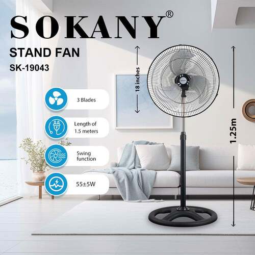 出口SOKANY19043电风扇家用18寸落地扇大风力3叶风扇STAND FAN