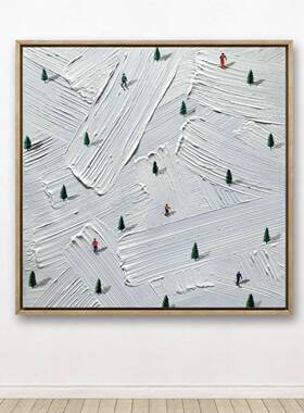 手绘滑雪油画现代简约客厅雪山肌理感装饰画抽象雪景入户玄关壁画