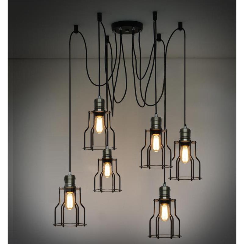 创意黑色6头小铁架吊灯 餐厅灯书房吊灯 仿古吊灯