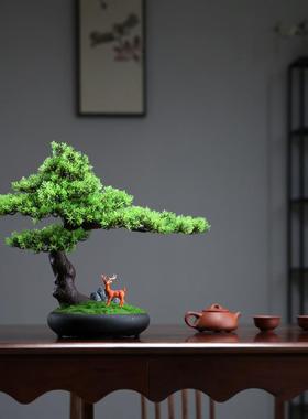 仿真迎客松崖柏盆景摆件客厅高级仿生绿植造景室内假松树盆栽装饰