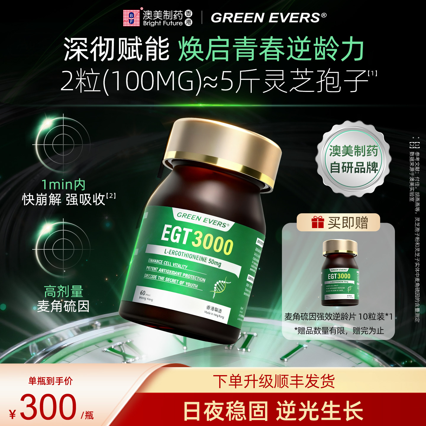 澳美制药GREENEVERS麦角硫因EGT3000强逆龄抗时光衰老片口服美容,保健食品/膳食营养补充食品,EGT/麦角硫因,淘宝优惠券,粉丝福利购,淘宝优惠卷