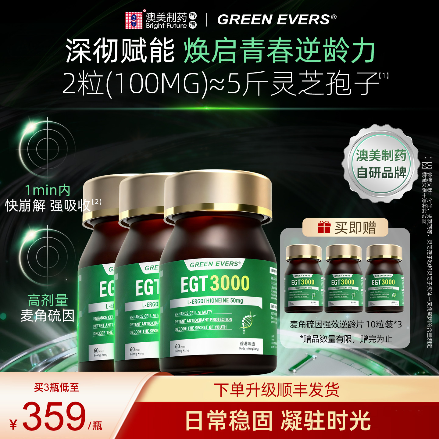 澳美制药GREENEVERS麦角硫因EGT3000强逆龄抗时光衰老片口服3瓶,保健食品/膳食营养补充食品,EGT/麦角硫因,淘宝优惠券,粉丝福利购,淘宝优惠卷