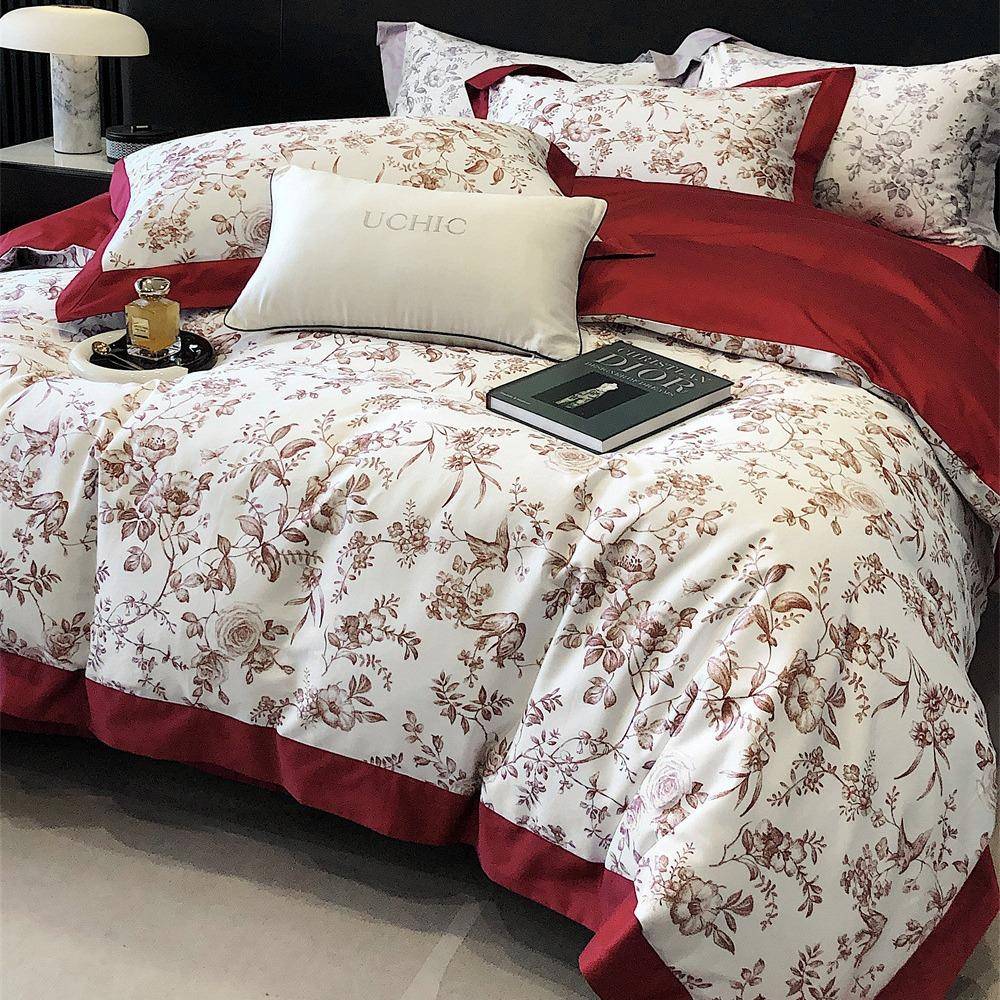 轻奢现代100支长绒棉四件套全棉贡缎四季款花卉印花床单被套床品