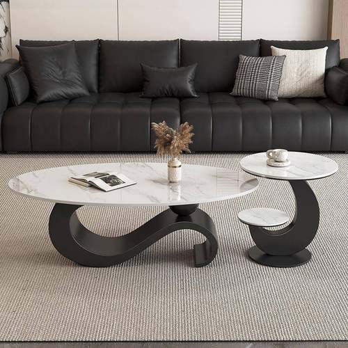 新款意式岩板椭圆形茶几小户型简约轻奢现代客厅家用边几组合