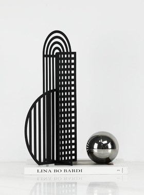 简约现代黑色金属网格屏风镂空几何摆件样O板间书房桌面软装饰品