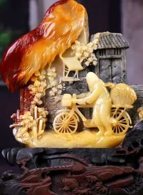 湘崎雀寿山石农家乐摆件原石雕刻开业乔迁送礼家居收藏摆设装饰品