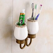 赢宇全铜仿古漱口杯架卫生间浴室挂件欧式 双杯架神灯复古牙刷杯架