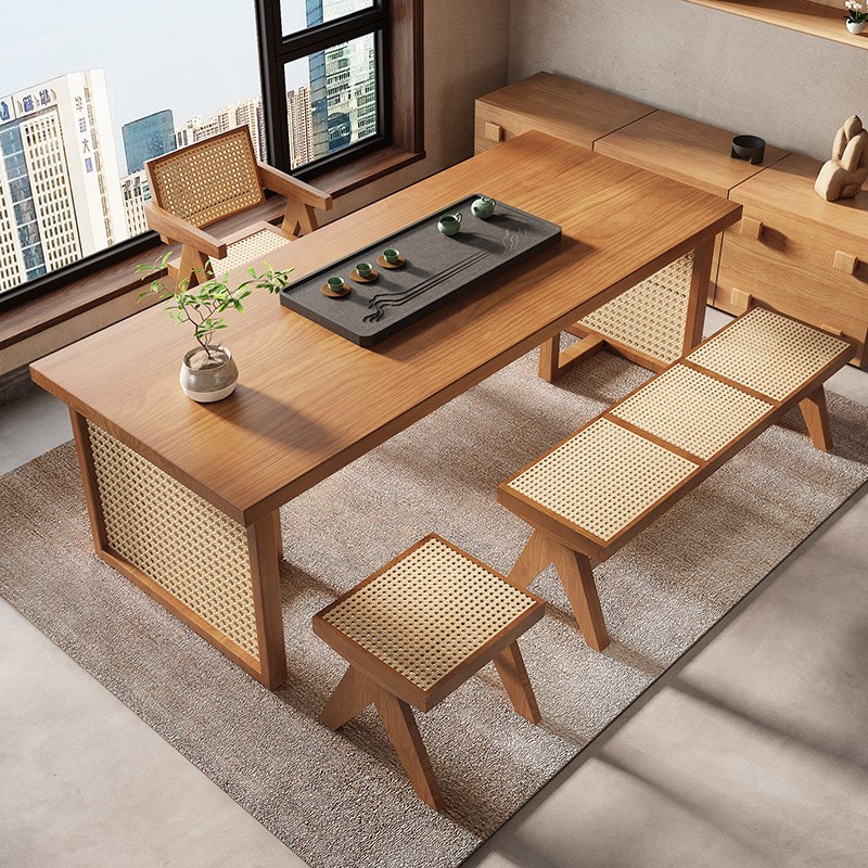 阳台茶桌椅组合家l用轻奢原木茶桌办公室新中式藤编国潮大板茶台