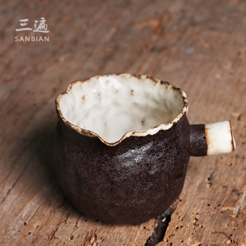 日式粗陶公道杯纯手工老岩泥分茶器侧G把公杯茶道功夫茶具匀杯茶