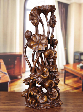 莲花鲤鱼摆件实木雕年年有余乔z迁新家居礼品客厅玄关柜新中式装