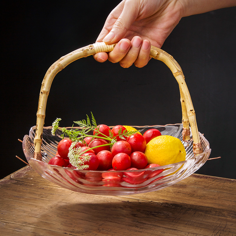 欧式藤编玻璃水果盘大号客u厅家用高级果篮下午茶零食点心茶几托