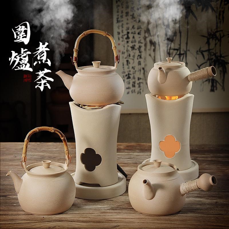 素烧白泥小高炭炉煮茶炉潮州煮茶壶侧把提梁壶禅意V茶艺煮水砂铫