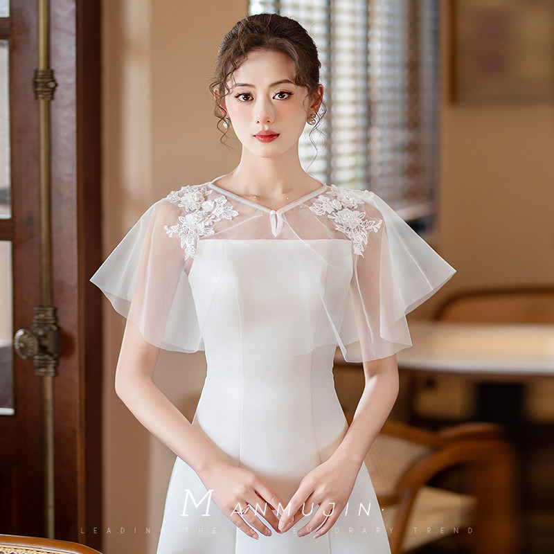 新娘婚纱礼服f外搭坎肩小披风薄款网纱双肩遮手臂显瘦披肩简约白