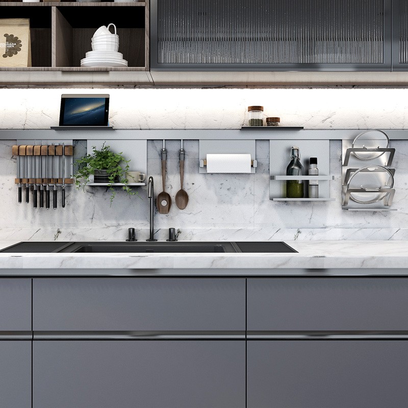 灰色铝厨房置物架壁挂刀架收纳架锅盖架碗碟架调味料.架厨房挂钩