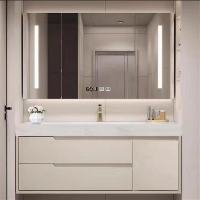 现代奶油风智能岩板一体智能浴室柜组合收N纳洗漱台洗脸台洗手盆