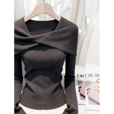 灰色斜领正肩针织衫女202