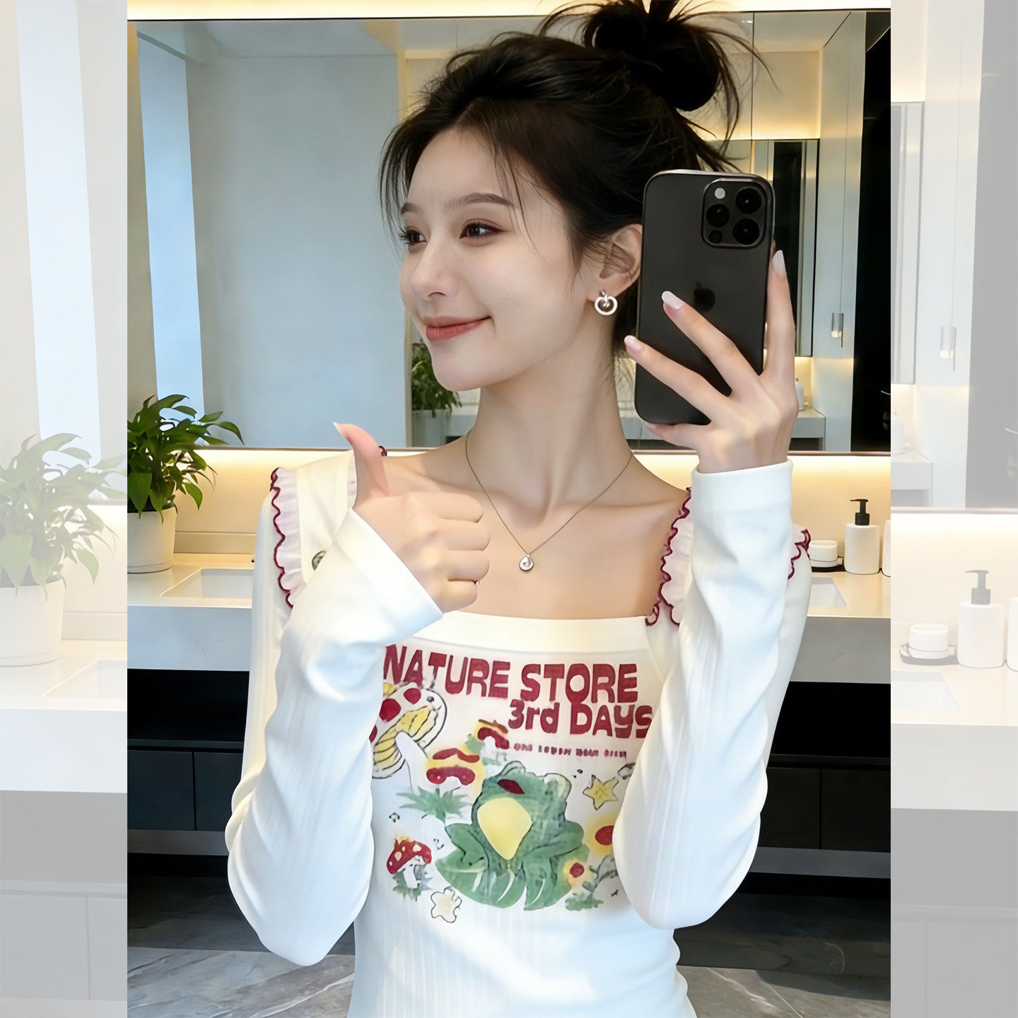 美式白色卡通印花方领修身长袖假两件T恤女2026春季独特漂亮上衣