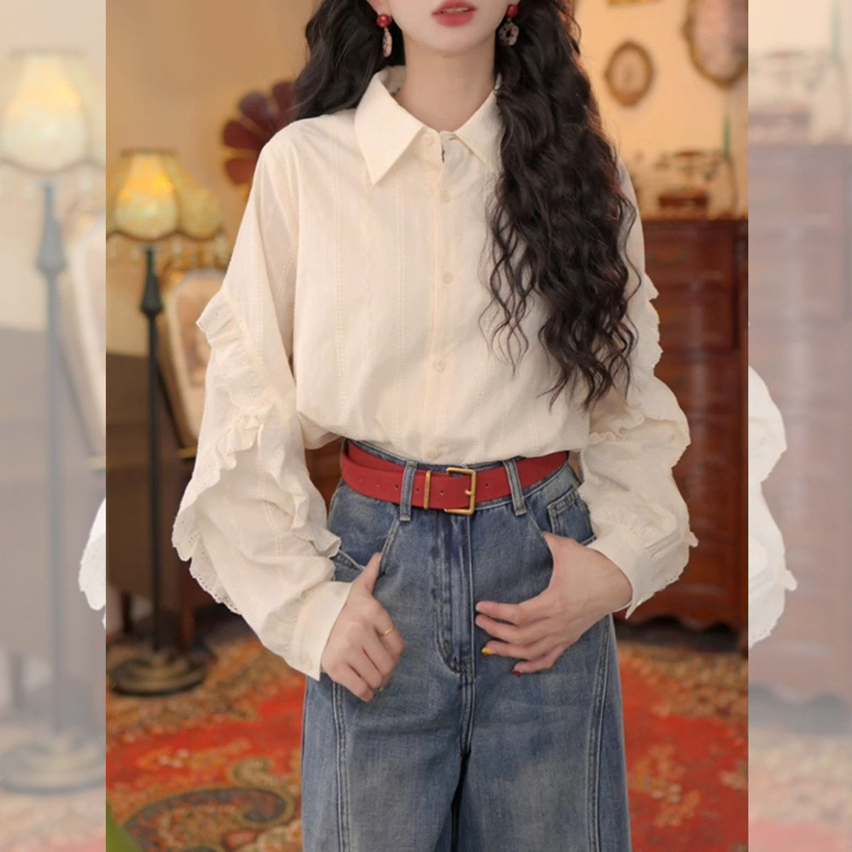 高级感港风翻领衬衫女装春季2026年新款花边长袖上衣女士衬衣爆款