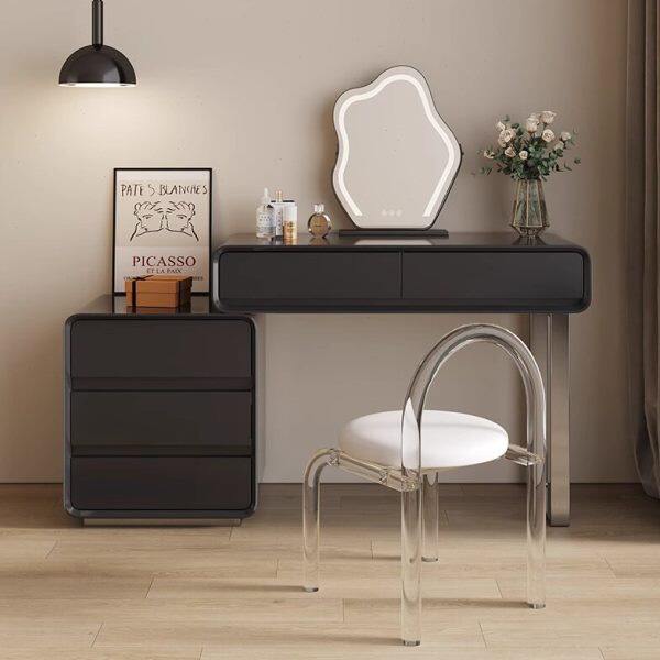 黑色钢琴烤漆梳妆台卧室现代简约小户型可移动收纳一体实木化妆桌