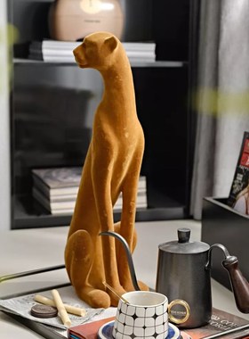 植绒咖啡色豹子动物摆件样板间客厅书房落L地雕塑卧室飘窗托盘组