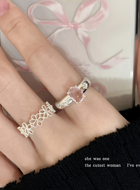 温柔气质星粉锆石镂空花r朵戒指女轻奢高级感食指戒开口可调节指