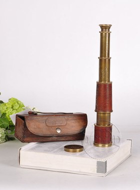 印度进口纯铜真皮礼盒望远镜单筒伸缩复古航海望远镜书Z房摆件装